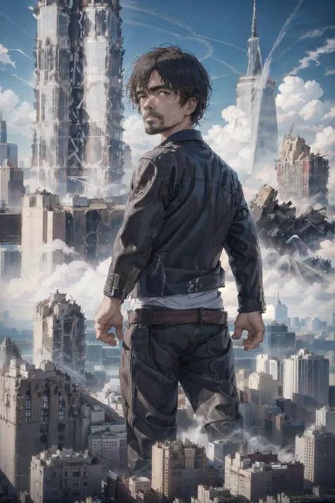 Masterpiece portrait of a man, ultrarealistic photorealistic RAW photograph of a giant destroying the city, (a man in a leather jacket turns back to stare, towering above the city:1.3), jvdaniang looking at viewer, destroyed large skyscraper (small city sm...