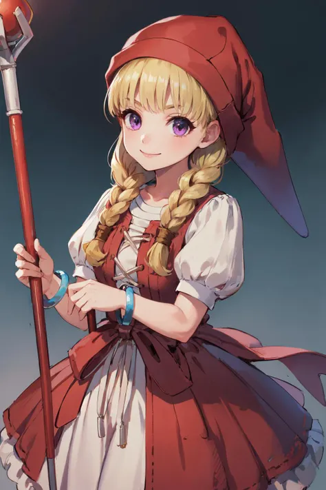 (masterpiece, best quality:1.2), <lora:dq11_veronica-10:1>, cowboy shot, solo, 1girl, veronica (dq11), smile, closed mouth, looking at viewer, (holding staff:1.2), red hat, purple eyes, red dress, puffy short sleeves, jewelry, bracelet