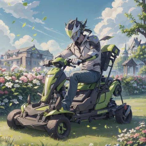 genji as a landscaper on a lawnmower, character in the style of Yoshitaka Amano, <lora:genjiFromOverwatch_v10:0.8>