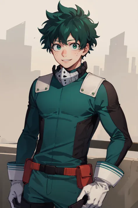 (masterpiece, best quality:1.2), <lora:mha_midoriya-10:1>, cowboy shot, solo, male focus, 1boy, midoriya izuku, smile, looking at viewer, short green hair, green eyes, green bodysuit, gloves