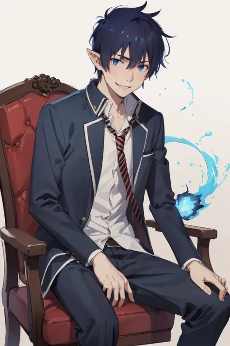 (masterpiece, best quality:1.2), <lora:blueexorcist_okumura-10:1>, cowboy shot, solo, male focus, 1boy, okumura rin sitting in a chair legs crossed, smile, looking at viewer, blue fire, school uniform, striped necktie, flame-tipped tail