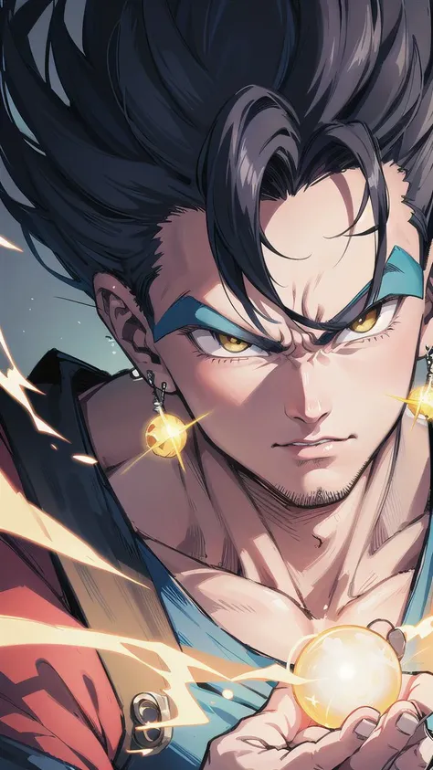 Breathtaking  close-up portrait of vegetto charging a kamehameha by Toriyama Akira, 1boy,  <lora:SD_15vegettoDragonBallZ_v10:0.5>