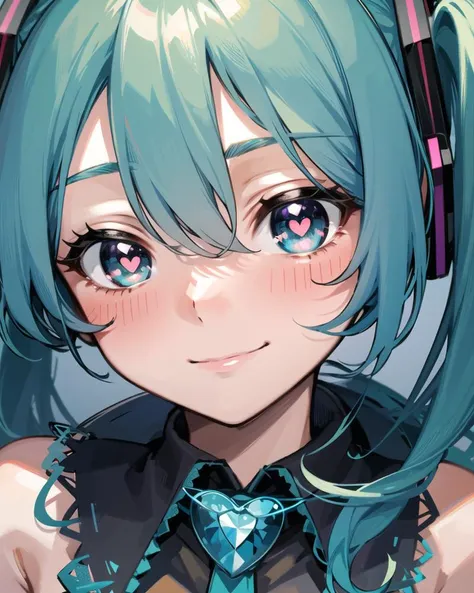 1girl, close-up face, smile, hatsune miku, 
 <lora:heartpupils:0.6>, (heart-shaped pupils),