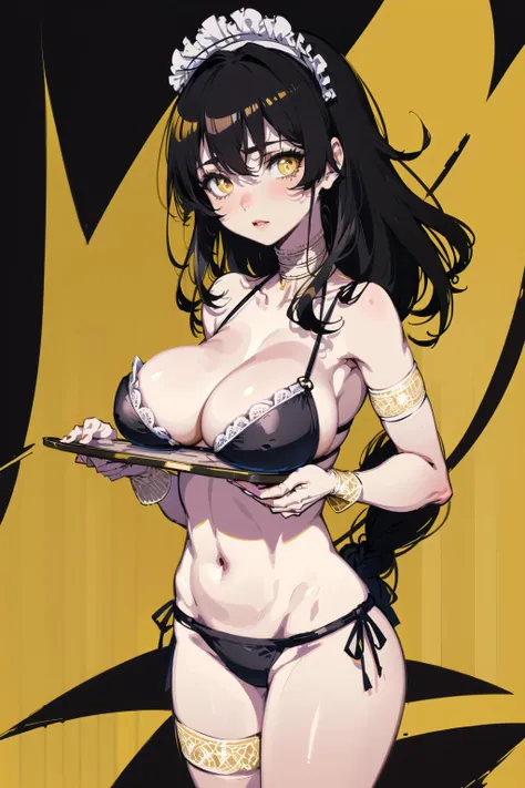 ((([long Black hair on Pixie cut]), (golden eyes), big breasts):1.5),
(cartoon style, anime, simple, plain colors, pin-up girl, high contrast colors:1.5), (die cut sticker:1.4), (chibi:0.4),
alone, 1woman
in (highly intricate lace maid bikini:1.5),
(flirti...