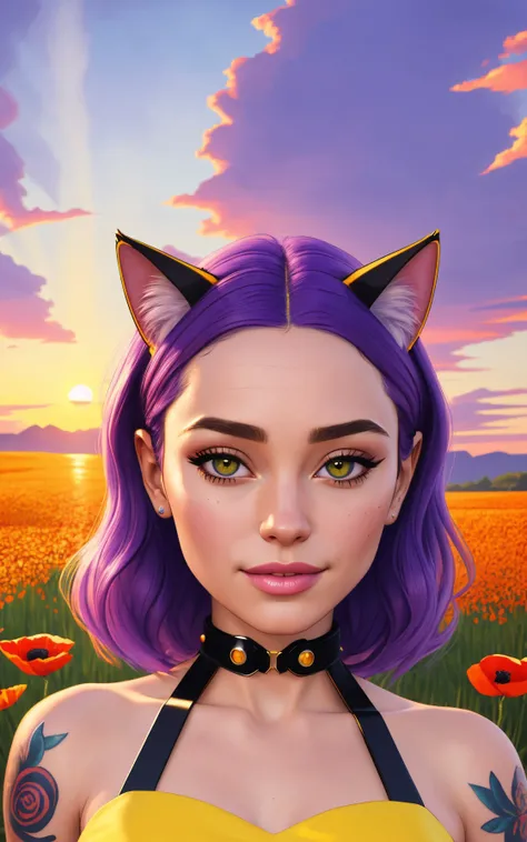 thepit style, samdoesart style, puffy lips, cinematic light, punk rock cat girl, cat ears, purple hair, tattoos, solo, suicidegirl, ([Gal Gadot|riley star|Rachel Weisz]:0.9), (yellow sun dress:1.2), outdoors, middle of poppy fields, sunset, close face port...