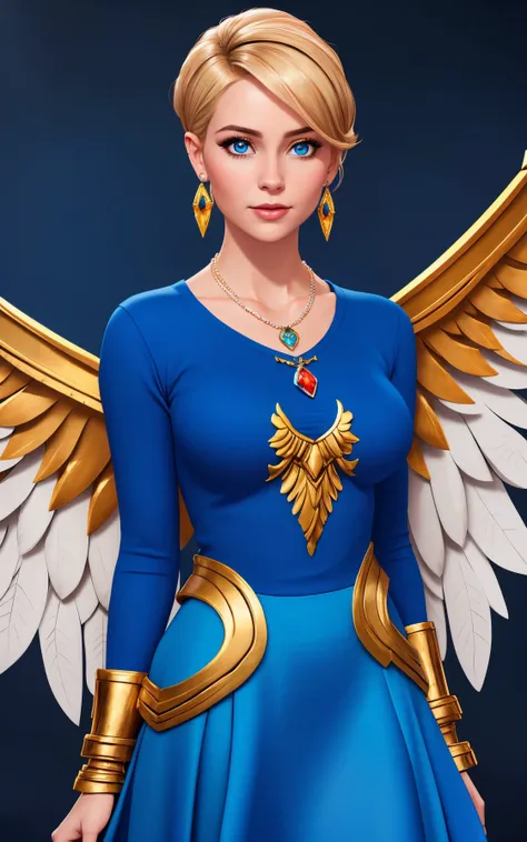 a very pretty woman standing, in a blue sweater and wings on her back, modest, with a blue dress and necklace, Artgerm, sots art, unreal 5, concept art, armlet, blonde_hair, blue_eyes, blurry, blurry_background, depth_of_field, earrings, gem, jewelry, look...