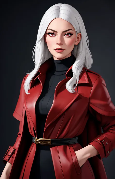 woman, solo, warrior, white hair, dark red eyes, detailed face, ([Adrianne Palicki|Liv Tyler|Vanessa Hudgens]:0.8), (arosen style :0.9), masterpiece, professional, high quality, beautiful, amazing, mid-century, ArtStation, Long coat, fallacious, photoshoot...