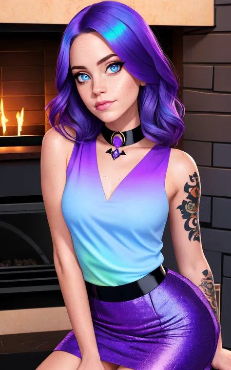 sassy style,  basety style,  abbe bi style,  woman, solo, hands behind back, ([Emma( :0)Watson|angelina( :0)jolie|Faith( :0)Hill]:0.95), 
iridescent dress, purple hair, facing camera,  sleeveless dress,
woman close up, upper body, mini skirt, looking at vi...