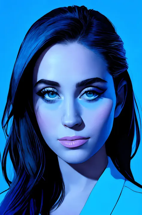 a close up of a woman with blue eyes and a blue background