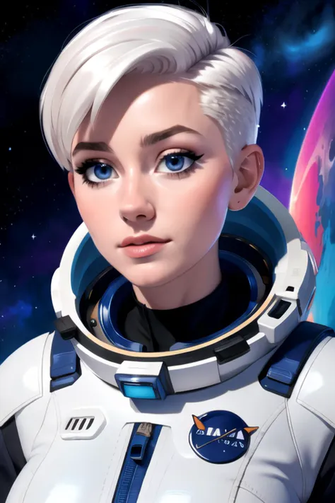 a close up of a person in a space suit with a planet in the background