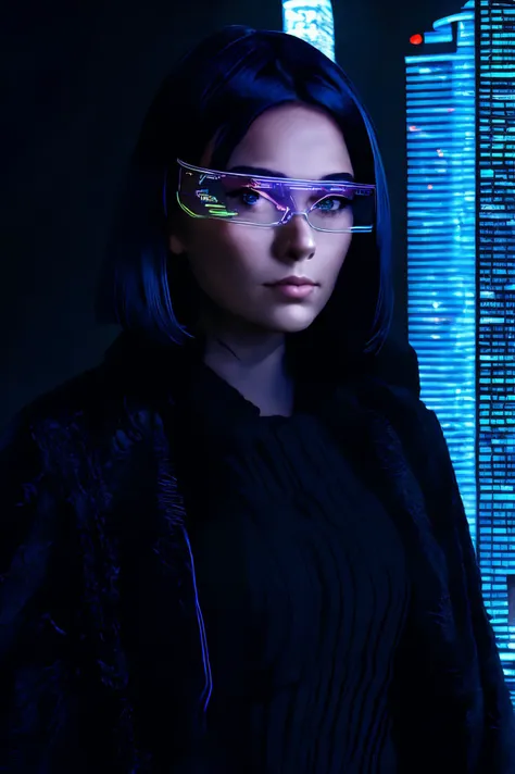 a close up of a woman wearing glasses in front of a city