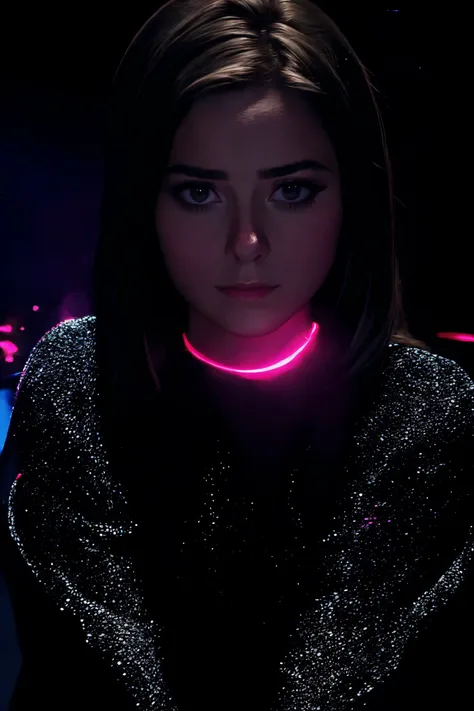 a close up of a woman with a neon collar around her neck