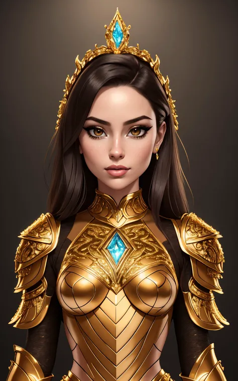 basety style, abbe bi style, sassy style, midjourney style, middle shot, full body, mesmerizing portrait of a woman with golden armor standing, hyperrealistic, intricate abstract, intricate artwork, abstract style, delicate diamond patterns, armor from ano...