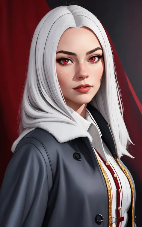 woman, solo, warrior, white hair, dark red eyes, detailed face, ([Adrianne Palicki|Liv Tyler|Vanessa Hudgens]:0.8), (arosen style :0.9), masterpiece, professional, high quality, beautiful, amazing, mid-century, ArtStation, Long coat, fallacious, photoshoot...