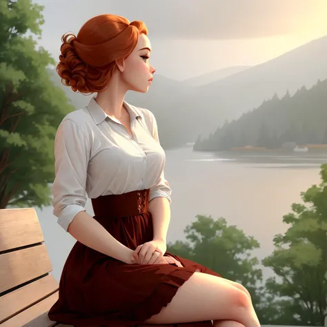 Nostalgic, 6K, photo shot from a medium distance, mid-body portrait, highly-detailed, girl sitting on a wooden bench, wearing a vintage-style dress with a full skirt and petticoats, lost in thought, curly red hair styled in a beehive, [Kate Winslet|Mila Ku...