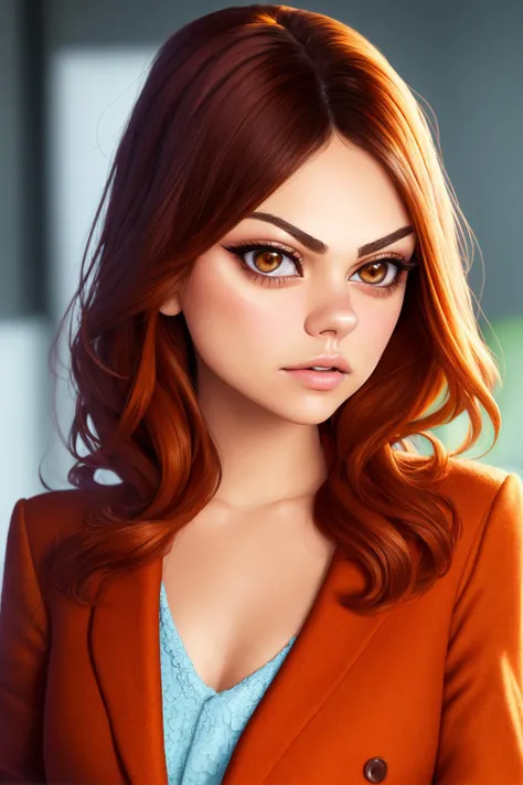 Mila Kunis, 1girl, solo, office lady, orange hair, dark brown eyes, detailed face, sexy,

masterpiece, professional, high quality, beautiful, amazing, Fauvism, DeviantArt, serafuku, closeup, extreme closeup,

photoshoot, 4k, realistic, detailed background,...