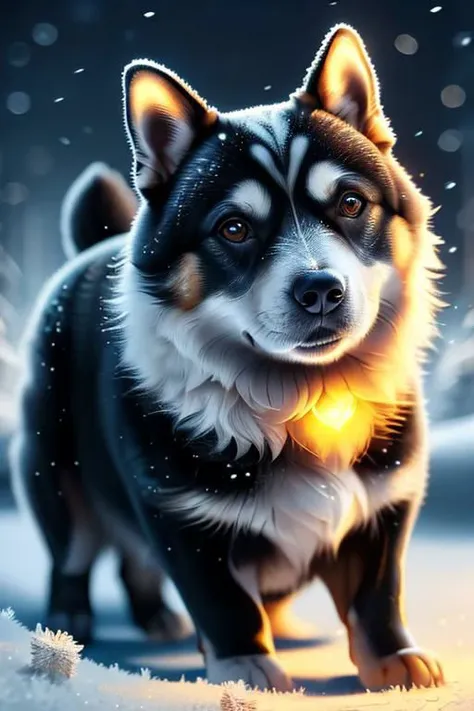 a close up of a dog with a collar on in the snow