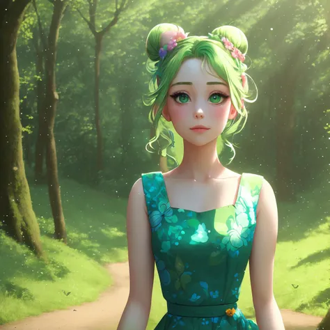 Whimsical, 8K, photo shot from front, highly-detailed, girl with a mischievous expression, wearing a delicate flower crown, green hair styled in a messy bun, [Kikis Delivery Service|My Neighbor Totoro], in a lush anime-style forest with pastel and vibrant ...