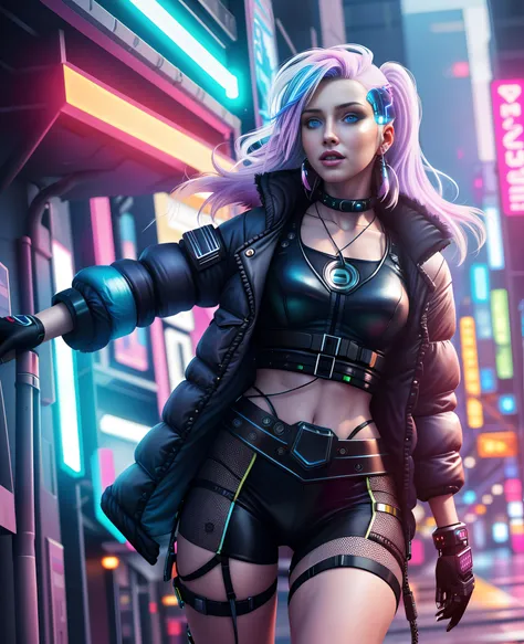 Hyperrealistic cyberpunk. highly detailed digital art masterpiece, smooth cam soft light, low angle, hd 8k, sharp focus, beautiful, 1 girl, cyberpunk, ((woman)) annabellpeaks, cybernetic implants, cybernetic hand