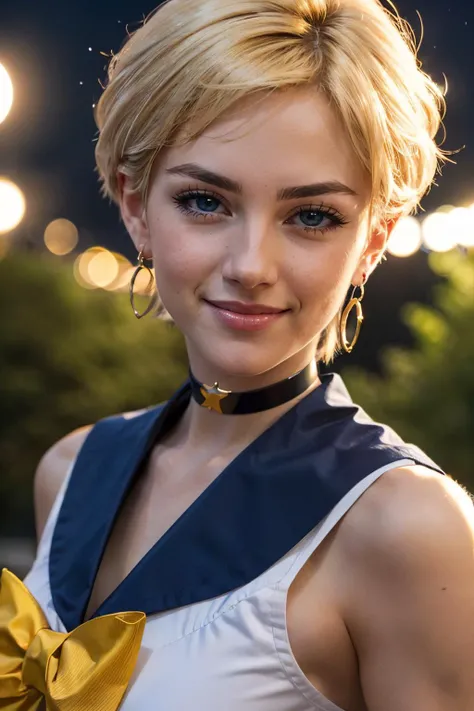 EPsmSailorUranus, short blonde hair, blue eyes, circlet, choker, earrings, blue sailor senshi uniform, yellow bow,looking at viewer, smiling, close up, outside, park, trees, night time, stars, high quality, masterpiece, <lora:EPsmSailorUranus:.8>