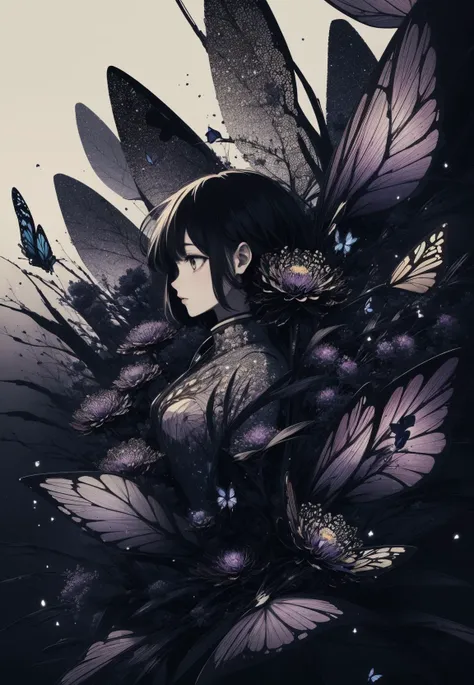 anime, abstract art, (style of Yuko Shimizu:1.3), (dark theme:1.1), dark Emerald theme, butterflies, dark stars, 1girl, field of Orchid purple flowers