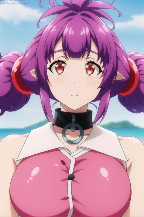 a woman with purple hair and a pink top is standing in front of a beach