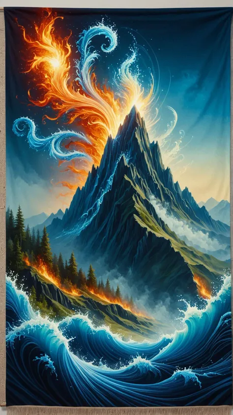 a painting of a mountain with a fire and water wave