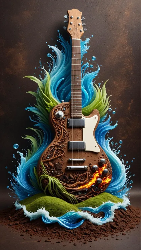 a guitar with a dragon on it is sitting in the water