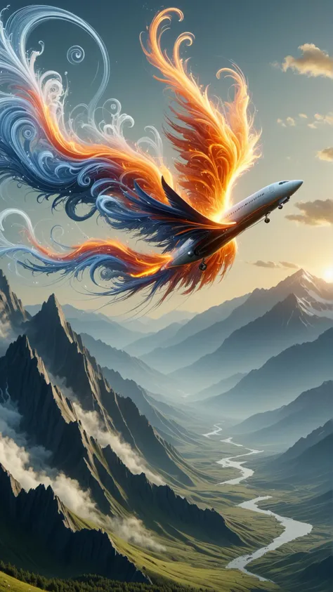 a painting of a large bird flying over a mountain range