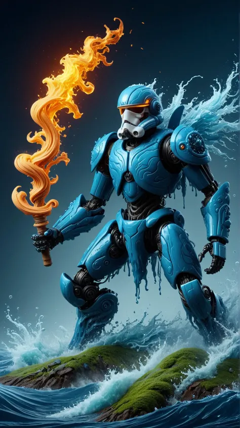 a blue robot with a flame in his hand standing on a rock