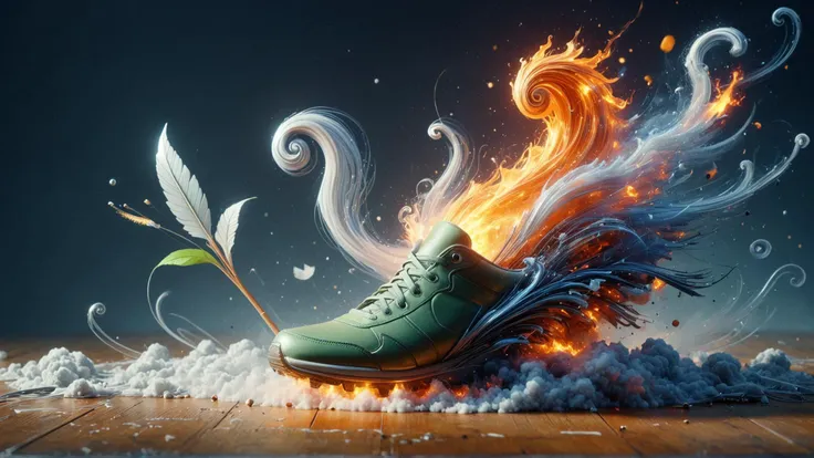 a green shoe with a leaf on fire and water