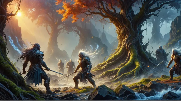 a group of people standing in a forest with swords