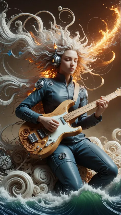 a woman with headphones playing a guitar on a wave