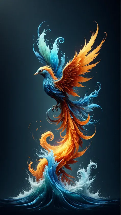 a bird with orange and blue feathers flying over water