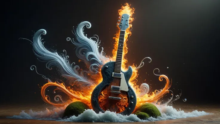 a guitar with a flame on it sitting on a rock