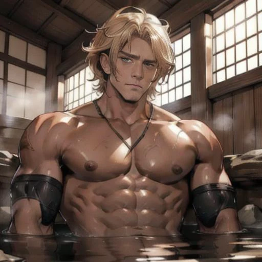 Best quality, masterpiece, 1boy, ultra high res,detailed background,solo,male,young adult male,bara,muscular,thick thighs,onsen, indoor hotsprings, sauna, detailed face, realistic, nude, naked, penis, (looking at viewer, eye contact:1), viewed from below, ...