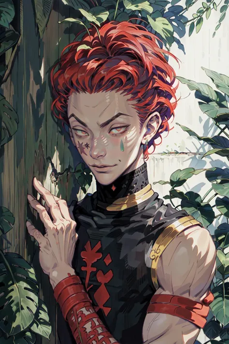 hisoka (hunter x hunter), sleeveless, beautifully detailed eyes, 1man, brick wall, plant, tree,
 ((peeking out upper body)), (beautiful hands),slender fingers, (masterpiece:1. 0), (best quality:1. 3), (ultra highres:1. 2), (intricate details:1.3),1boy