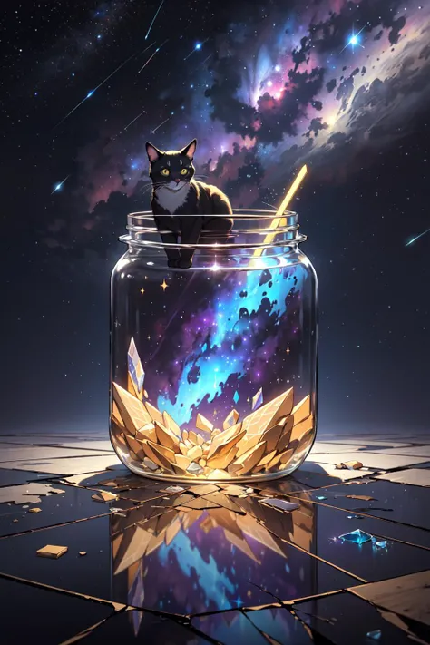 Within a glass jar, the wonders of the universe come alive. Bright constellations and shimmering stardust fill the space, surrounding a breathtaking nebula that emanates vibrant hues. However, the jar, now fragmented, reveals the aftermath of a curious cat...