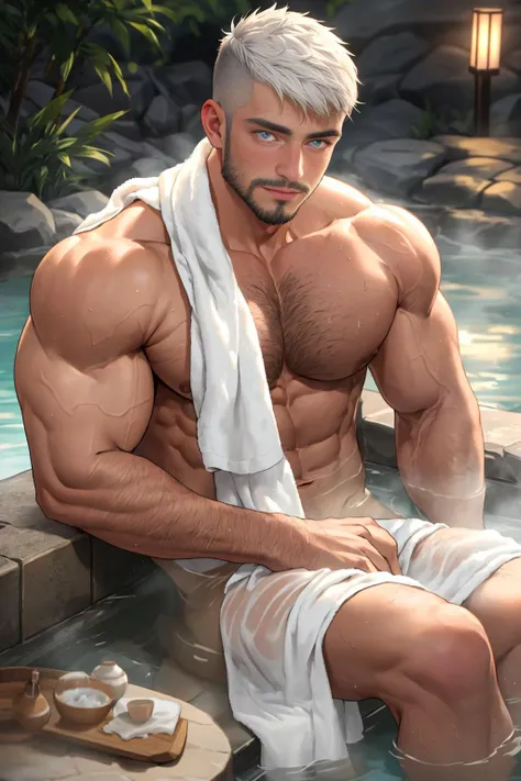 onsen, facial hair,
1man, masterpiece, best quality,
muscular male, body builder, mature male, hairy body, short hair, fade haircut,
bath towel, see-through, wrapped a large white towel,
depth of field, messy, <lora:add_detail:0.5>
<lora:beautifulDetailedE...