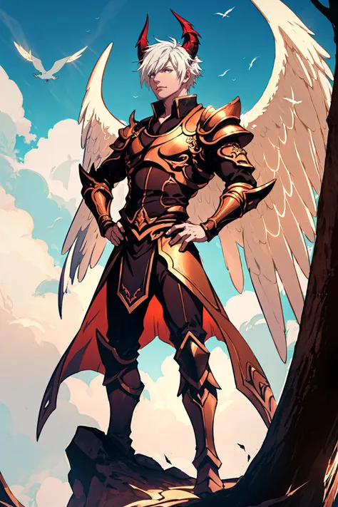 <lora:CREATED_ANIME_ShingekiNoBahamut_Lucifer_v01DanPend77_64dim:0.6>lucifer (shingeki no bahamut), 1boy, male focus, full body, white hair, horns, devil, demon, holy light, glowing outline, angel wings, feathered wings, dappled sunlight, nature background...