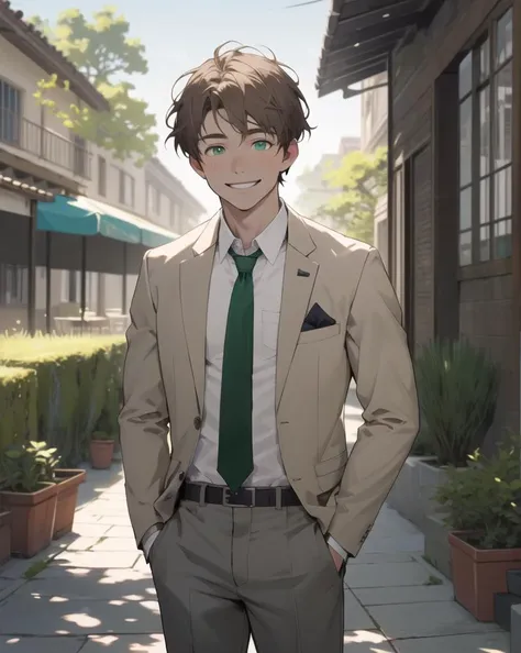 masterpiece,best quality, 1boy, brown hair, green eyes, smile, big smile, depth of field, dappled lighting, cinematic lighting, cowboy shot, patio, <lora:Squeezer2:0.5>, school uniform, gray pants, light cream jacket, cream blazer, green tie, white shirt, ...