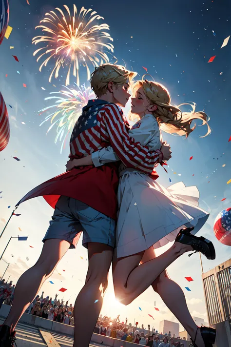 ((best quality, masterpiece, absurbres))Patriotic, American flag, Celebration, National Day, Red, White, Blue, Blonde Hair, Confetti, balloons, Stars and Stripes, Firework, Couple, Hug, Jump, happy