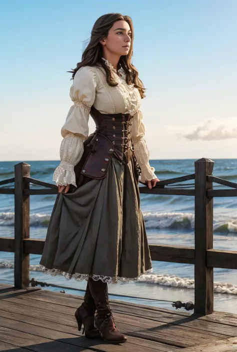 realistic analog photo, award winning photo,
<lora:EEL0.751> woman,  EveEllisTI, wearing <lora:PirateGarb:0.7> wornout PiGa clothes, open loose fitted laced shirt, lifting long ruffeled skirt, bracer armor piece, 
victorian era, standing on a wooden pier, ...