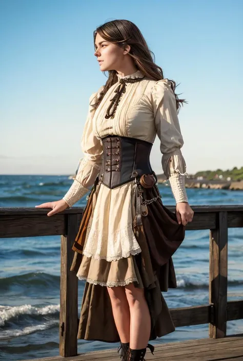 realistic analog photo, award winning photo,
<lora:EEL0.751> woman,  EveEllisTI, wearing <lora:PirateGarb:0.7> wornout PiGa clothes, loose fitted laced shirt, long ruffeled skirt, bracer armor piece, 
victorian era, standing on a wooden pier, looking out t...