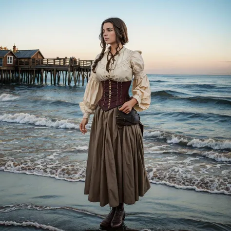 realistic analog photo, award winning photo,
<lora:EEL0.751> woman,  EveEllisTI, wearing <lora:PirateGarb:0.7> wornout PiGa clothes, loose fitted laced shirt, long ruffeled skirt, bracer armor piece, 
victorian era, standing on a wooden pier, looking out t...