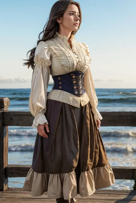 realistic analog photo, award winning photo,
<lora:EEL0.751> woman,  EveEllisTI, wearing <lora:PirateGarb:0.7> wornout PiGa clothes, loose fitted laced shirt, long ruffeled skirt, bracer armor piece, 
victorian era, standing on a wooden pier, looking out t...