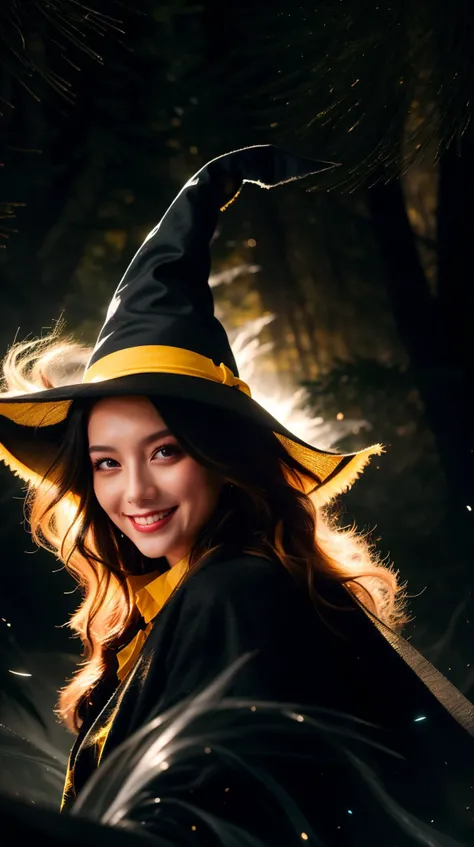 FluffyStyle (style-swirlmagic:0.8), portrait, looking at viewer, solo, half shot, detailed background,  light smile, witch hat, witch, magical atmosphere, hair flowing in the wind, yellow trimmed dark colored clothes,    swirling magic lightning in the air...