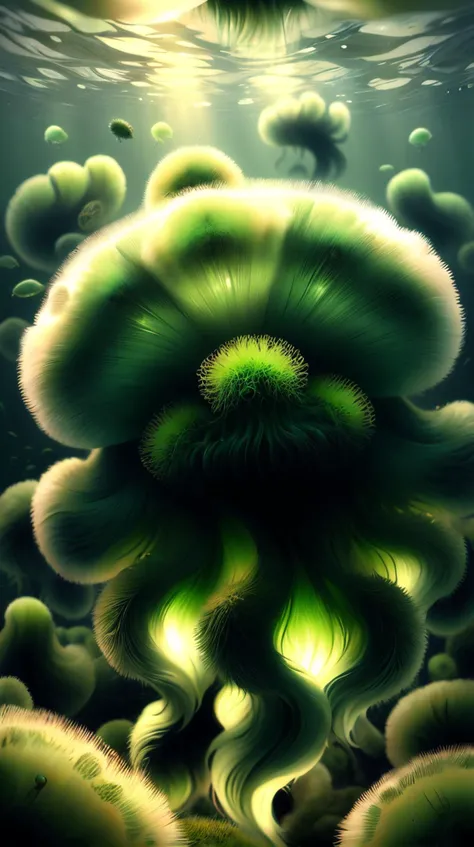 <lora:FurryStyle:1> FurryStyle Green a swarm of jellyfish congregating around an enigmatic object on the seabed, fluffy, furry