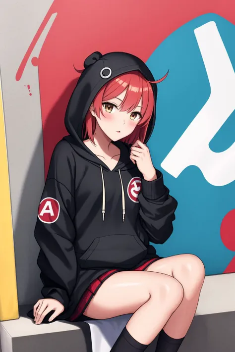 anime girl in black hoodie sitting on a bench with a red and blue background