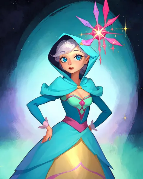 (masterpiece, best quality:1.1), 1girl, solo, (the fairy godmother:1.1), old, from disneys cinderella, perrywinkle and magenta, medium breasts, white hair, dress, sleeves, hood, sparkle, holding, holding wand, blue eyes, looking at viewer, hands on hips